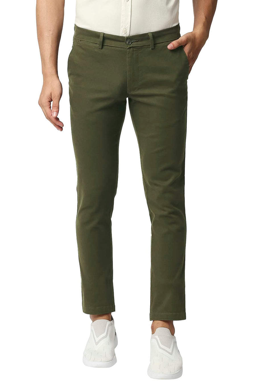 BASICS TAPERED FIT CROCODILE OLIVE COTTON STRETCH TROUSERS