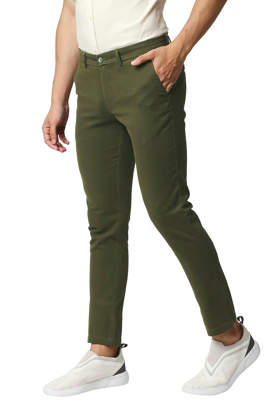 BASICS TAPERED FIT CROCODILE OLIVE COTTON STRETCH TROUSERS