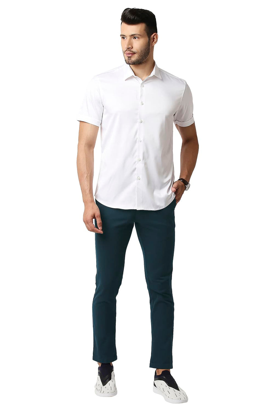 BASICS TAPERED FIT STRATIFIED SEA NAVY COTTON STRETCH TROUSERS