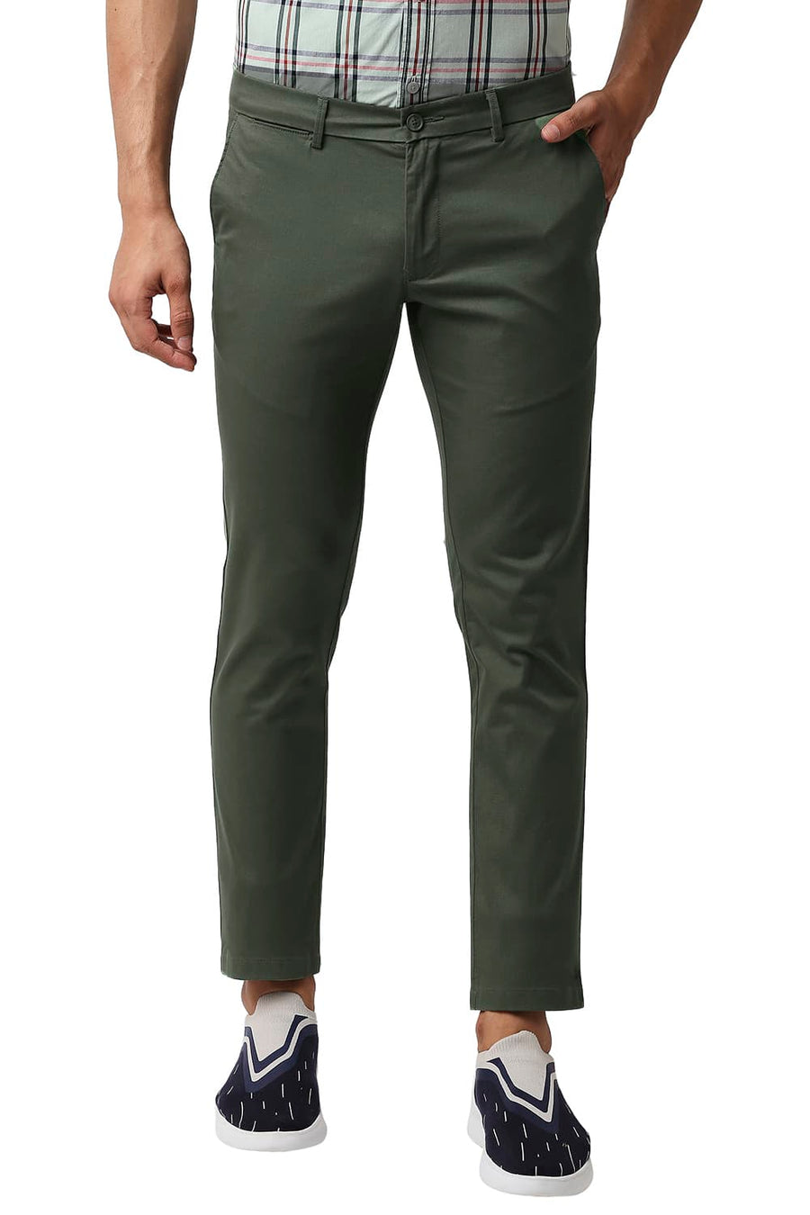 BASICS TAPERED FIT BRONZE GREEN COTTON STRETCH TROUSERS