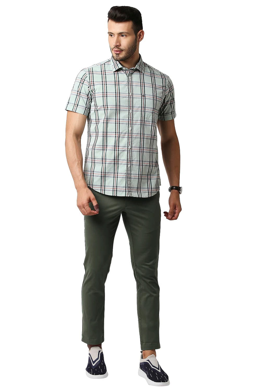 BASICS TAPERED FIT BRONZE GREEN COTTON STRETCH TROUSERS