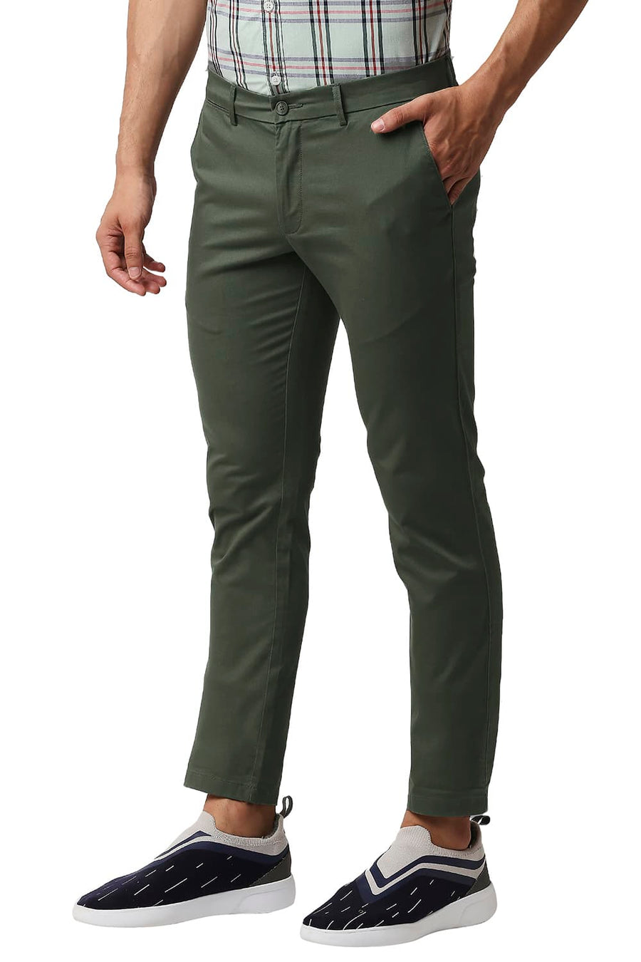 BASICS TAPERED FIT BRONZE GREEN COTTON STRETCH TROUSERS