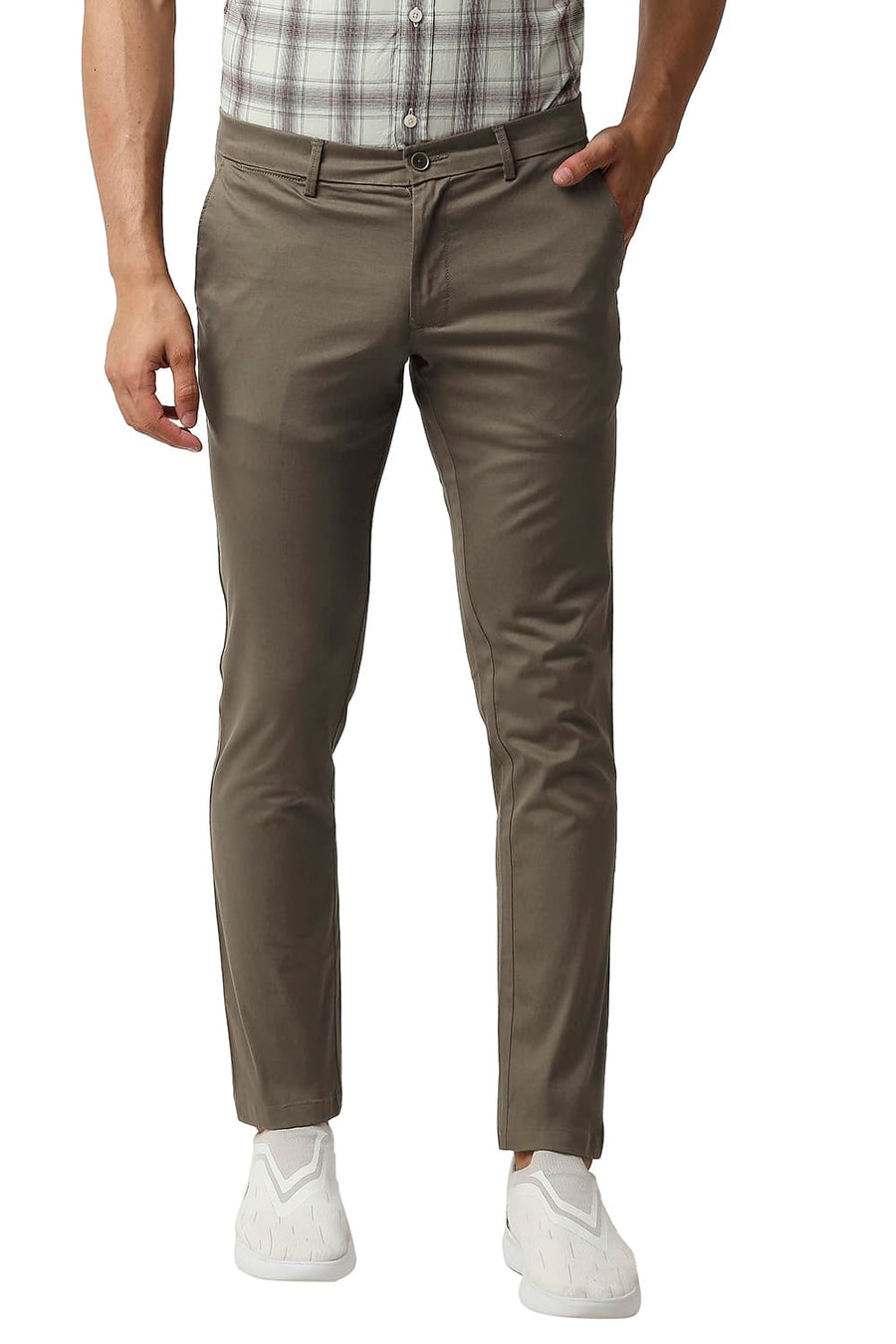 BASICS TAPERED FIT FOSSIL GREY COTTON STRETCH TROUSERS