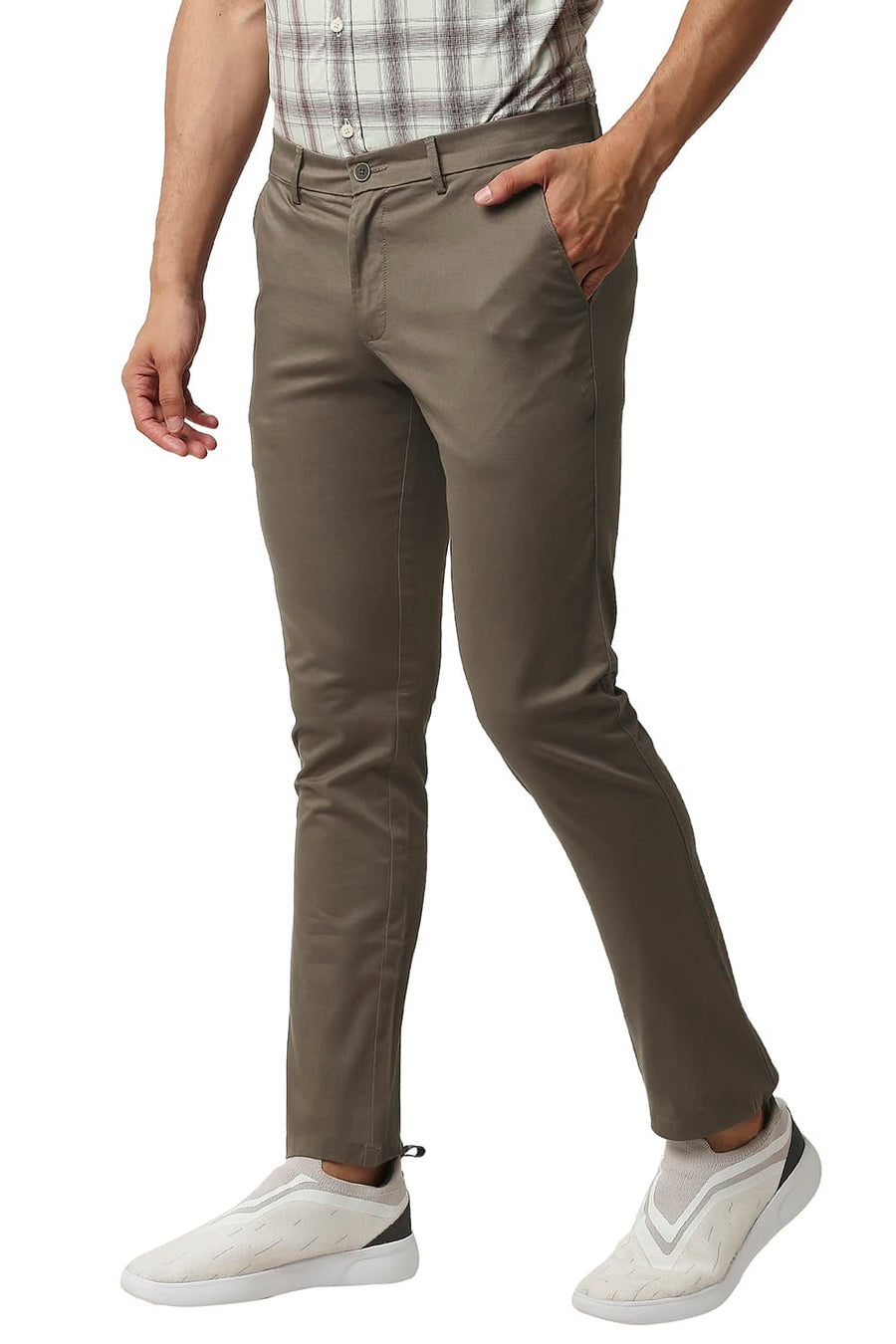 BASICS TAPERED FIT FOSSIL GREY COTTON STRETCH TROUSERS