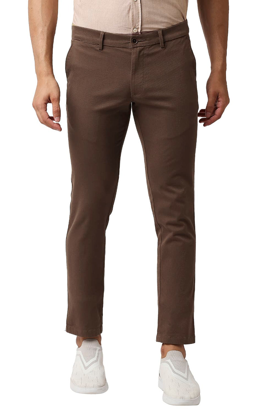 BASICS TAPERED FIT COFFEE LIQUER BROWN COTTON STRETCH TROUSERS