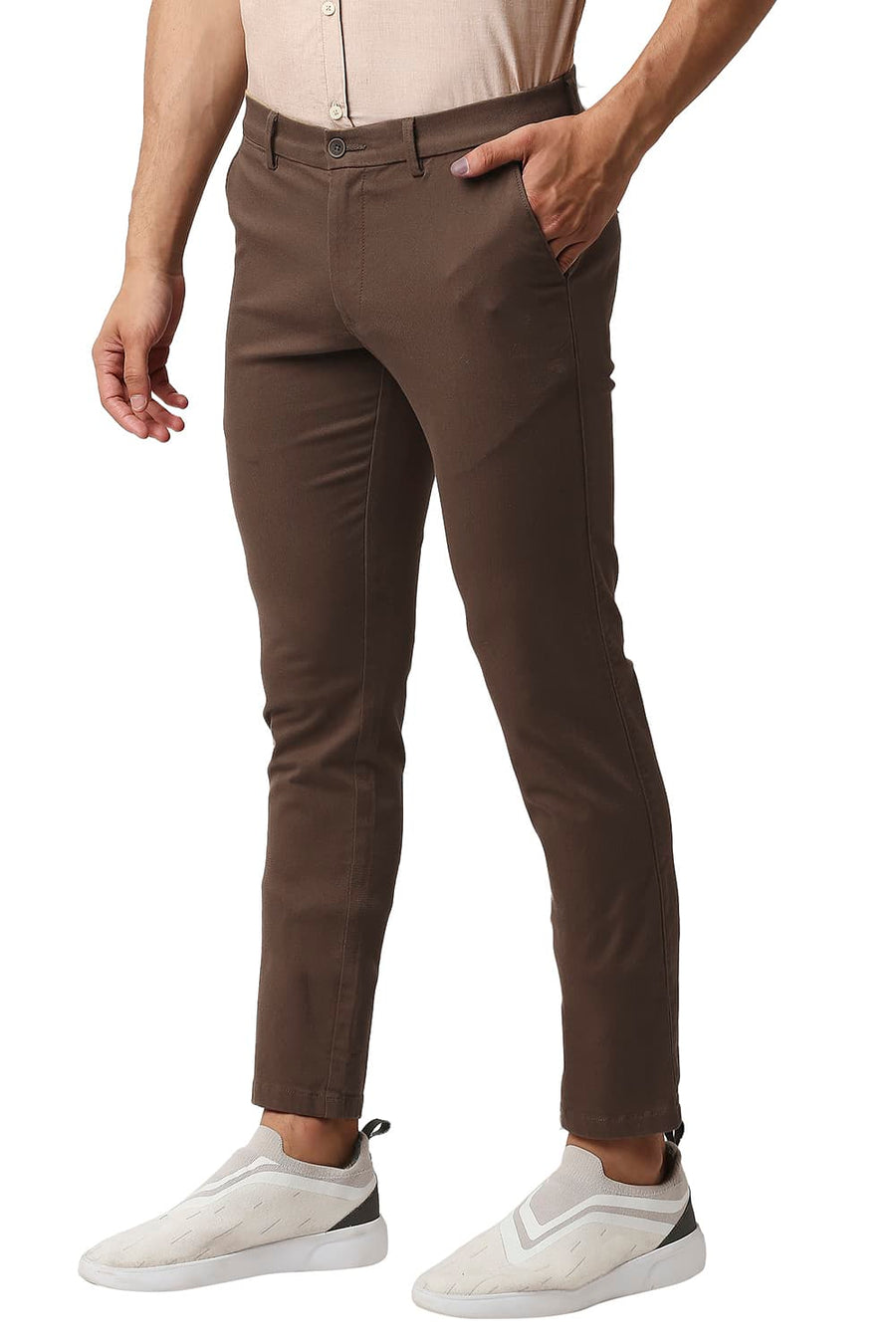 BASICS TAPERED FIT COFFEE LIQUER BROWN COTTON STRETCH TROUSERS