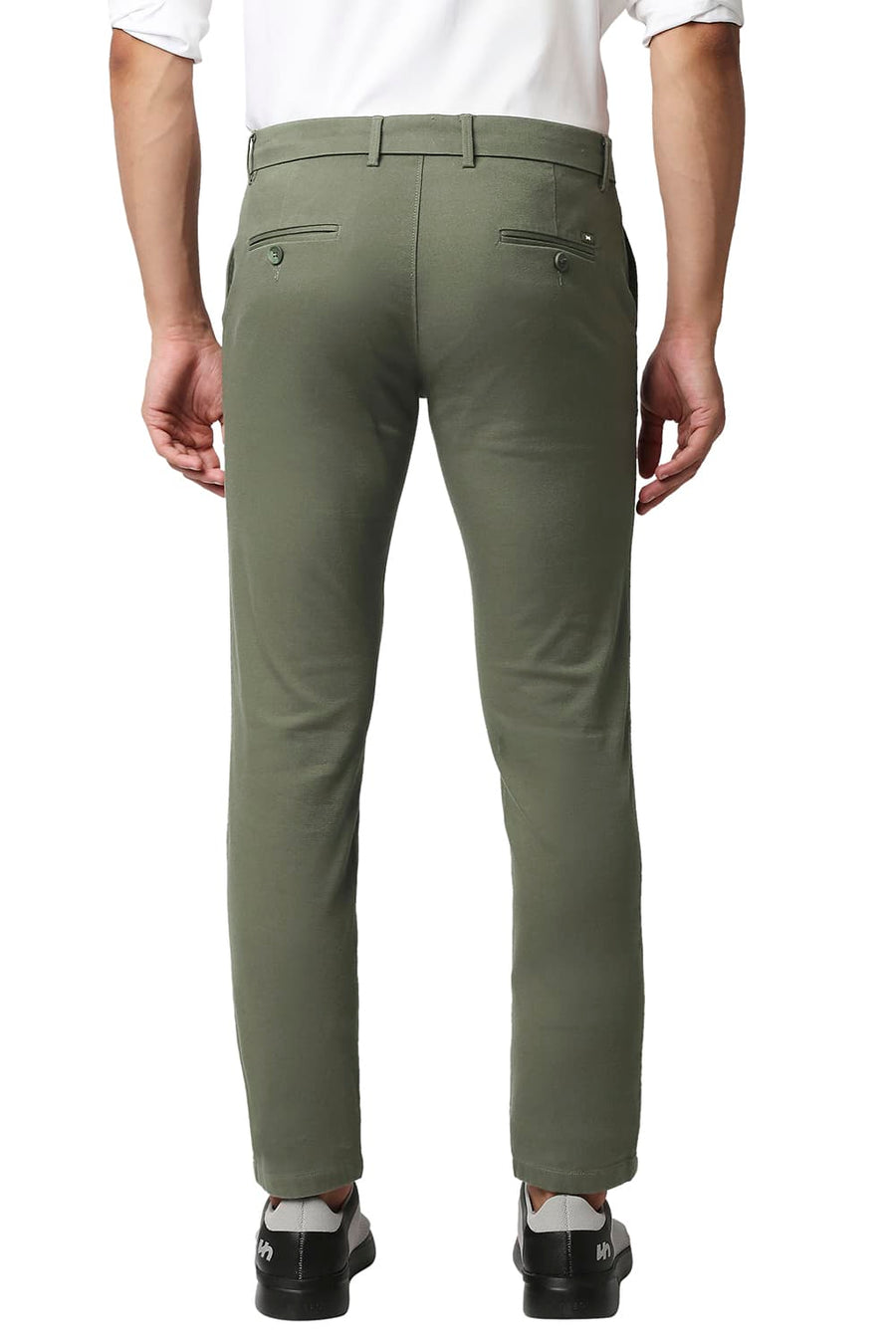 BASICS TAPERED FIT VETIVER GREEN COTTON STRETCH TROUSERS