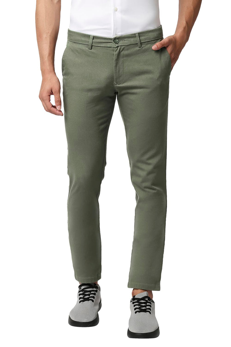BASICS TAPERED FIT VETIVER GREEN COTTON STRETCH TROUSERS