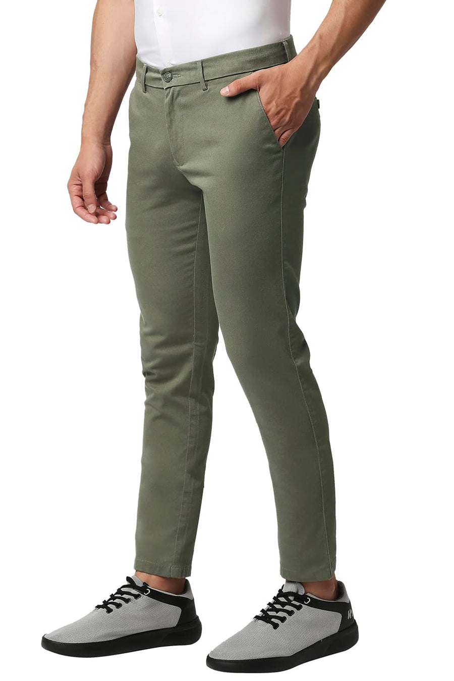 BASICS TAPERED FIT VETIVER GREEN COTTON STRETCH TROUSERS