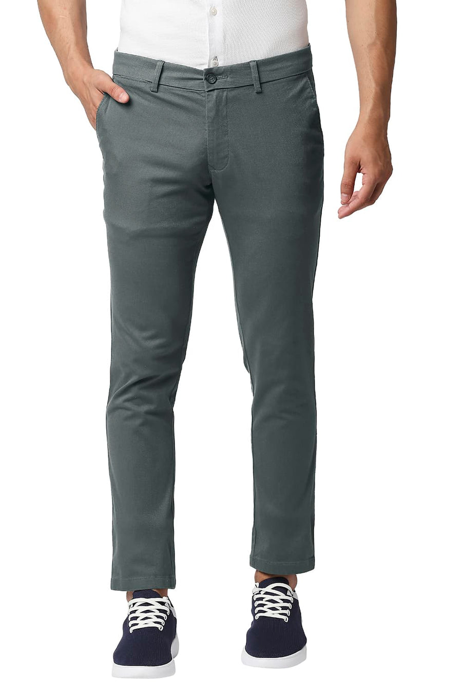 BASICS TAPERED FIT BALSAM GREY COTTON STRETCH TROUSERS