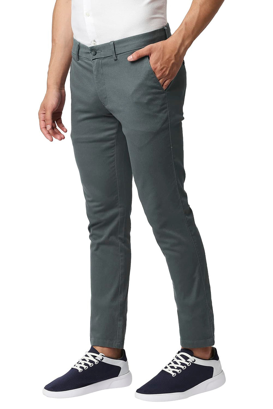 BASICS TAPERED FIT BALSAM GREY COTTON STRETCH TROUSERS
