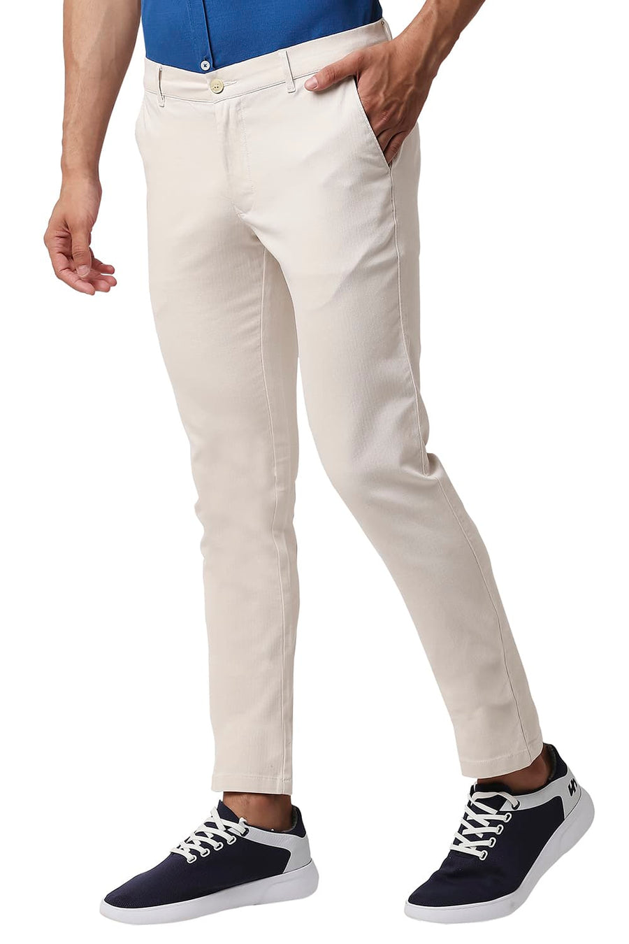 BASICS TAPERED FIT GARDENIA BEIGE COTTON STRETCH TROUSERS