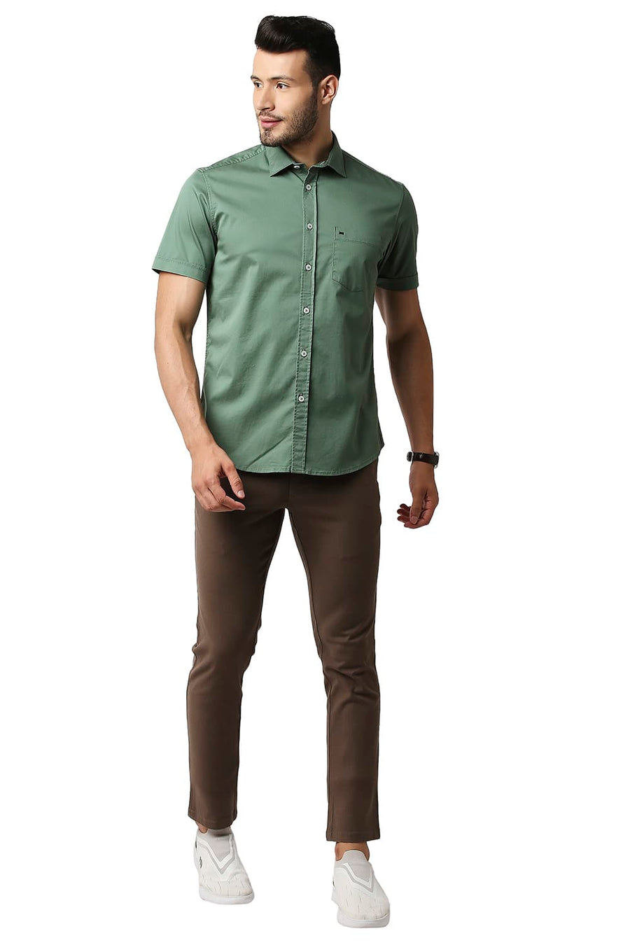 BASICS TAPERED FIT TIMBER WOLF BROWN COTTON STRETCH TROUSERS
