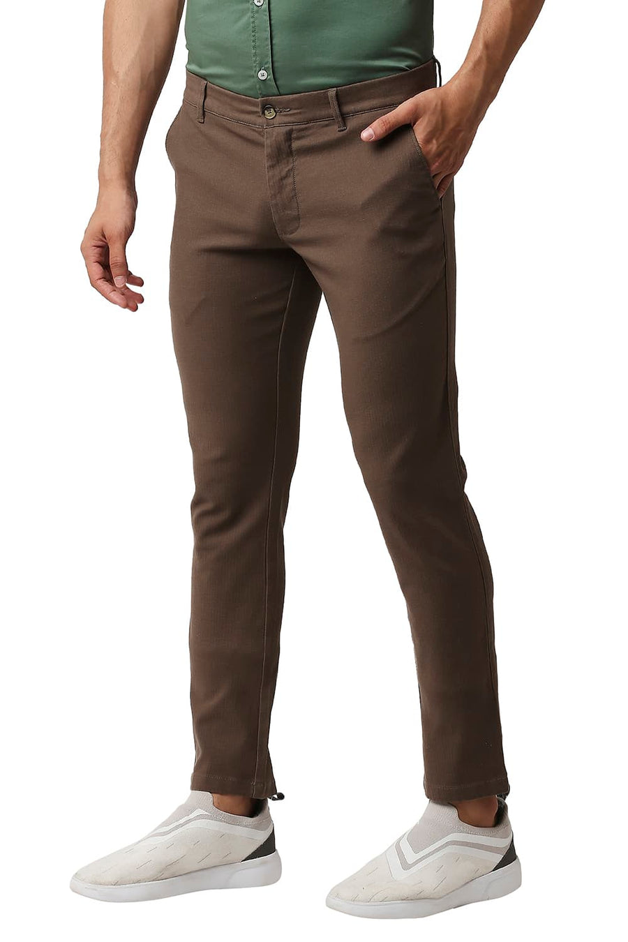 BASICS TAPERED FIT TIMBER WOLF BROWN COTTON STRETCH TROUSERS