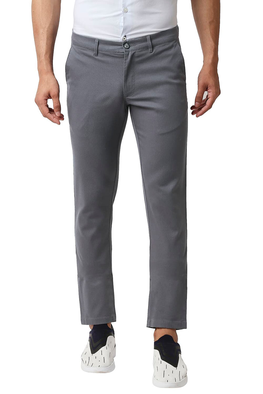 BASICS TAPERED FIT THUNDERSTORM GREY COTTON STRETCH TROUSERS