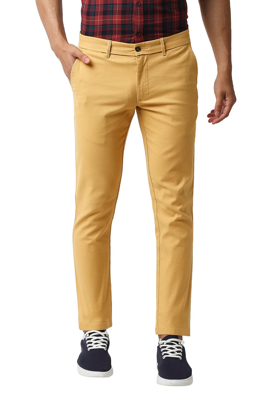 BASICS TAPERED FIT GOLDEN CREAM MUSTARD COTTON STRETCH TROUSERS