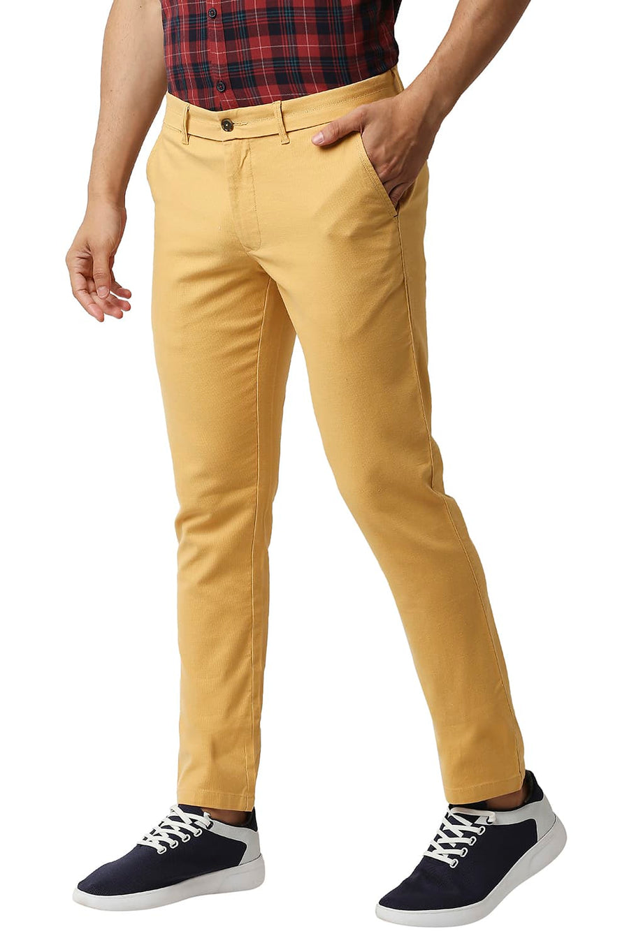 BASICS TAPERED FIT GOLDEN CREAM MUSTARD COTTON STRETCH TROUSERS