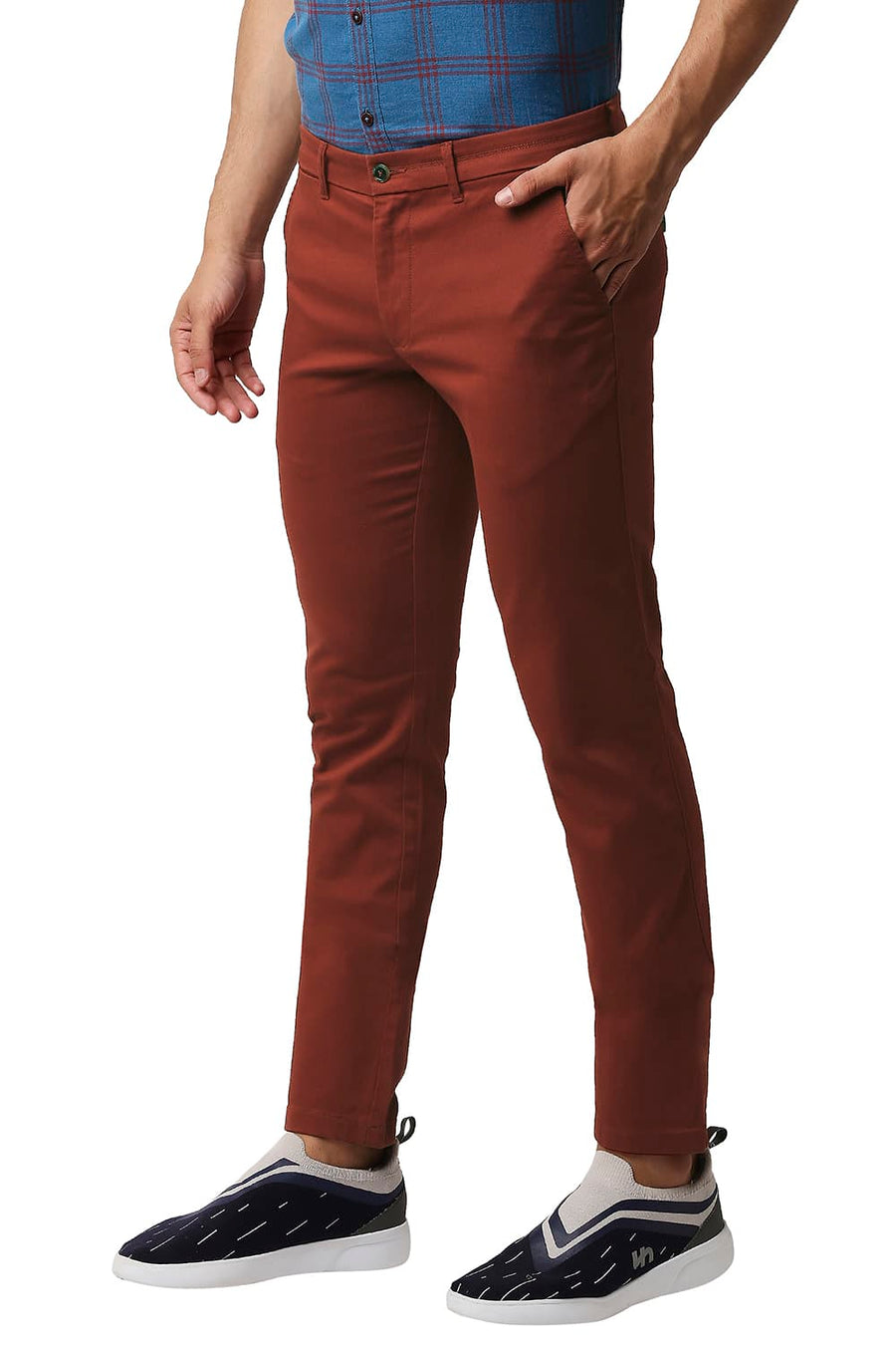 BASICS TAPERED FIT SYRAH RED COTTON STRETCH TROUSERS