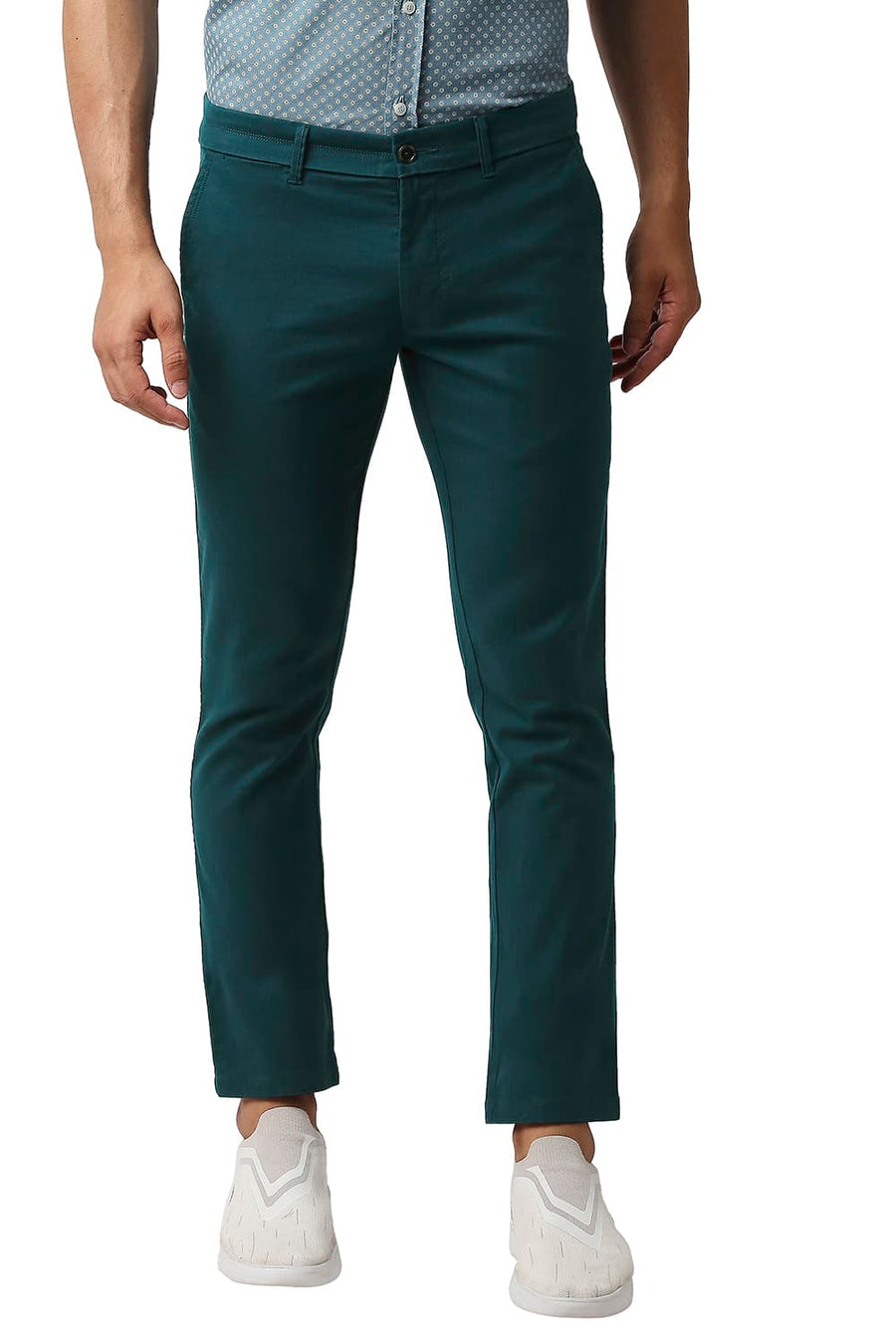 BASICS TAPERED FIT DARK SEA GREEN COTTON STRETCH TROUSERS