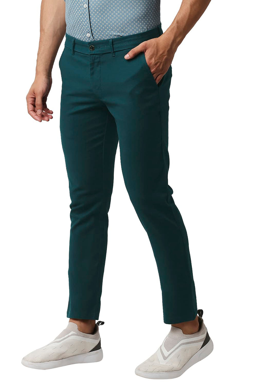 BASICS TAPERED FIT DARK SEA GREEN COTTON STRETCH TROUSERS