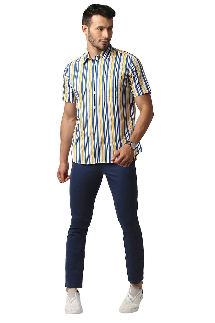BASICS TAPERED FIT STELLAR NAVY COTTON STRETCH TROUSERS