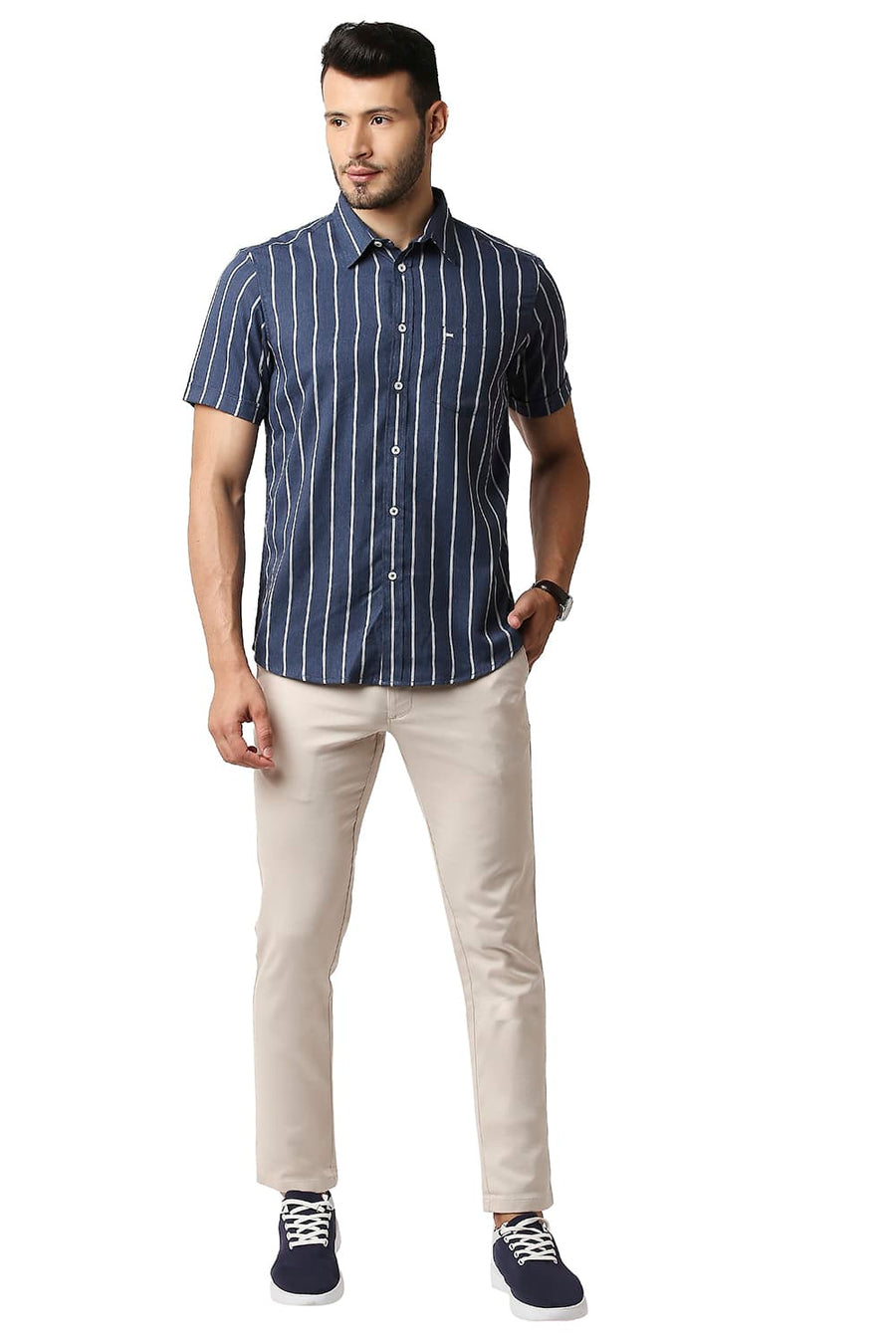 BASICS TAPERED FIT BIRCH BEIGE COTTON STRETCH TROUSERS