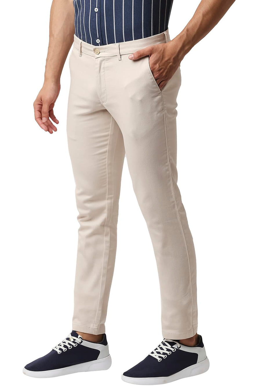 BASICS TAPERED FIT BIRCH BEIGE COTTON STRETCH TROUSERS