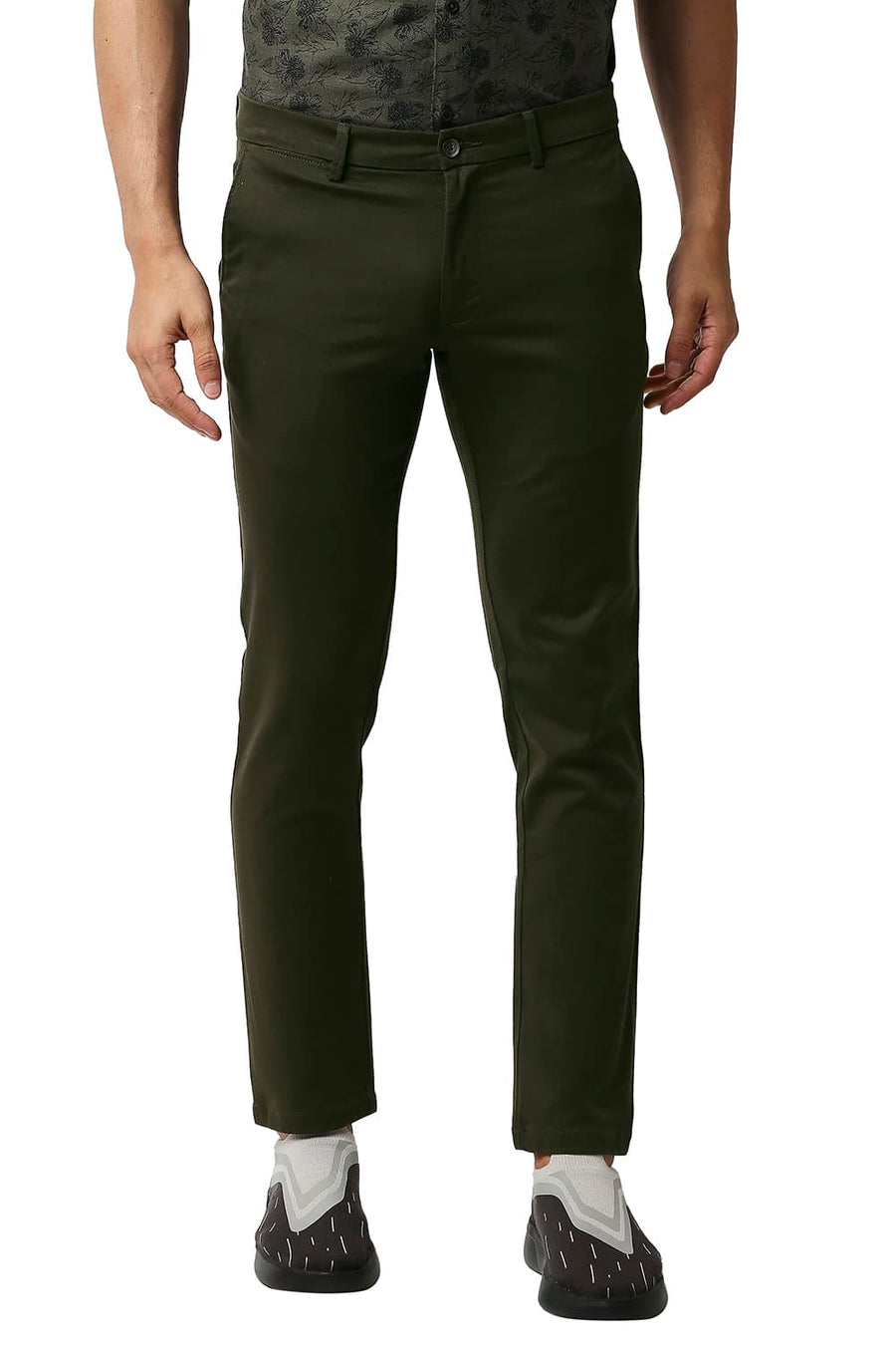 BASICS TAPERED FIT NIGHT OLIVE COTTON STRETCH TROUSERS