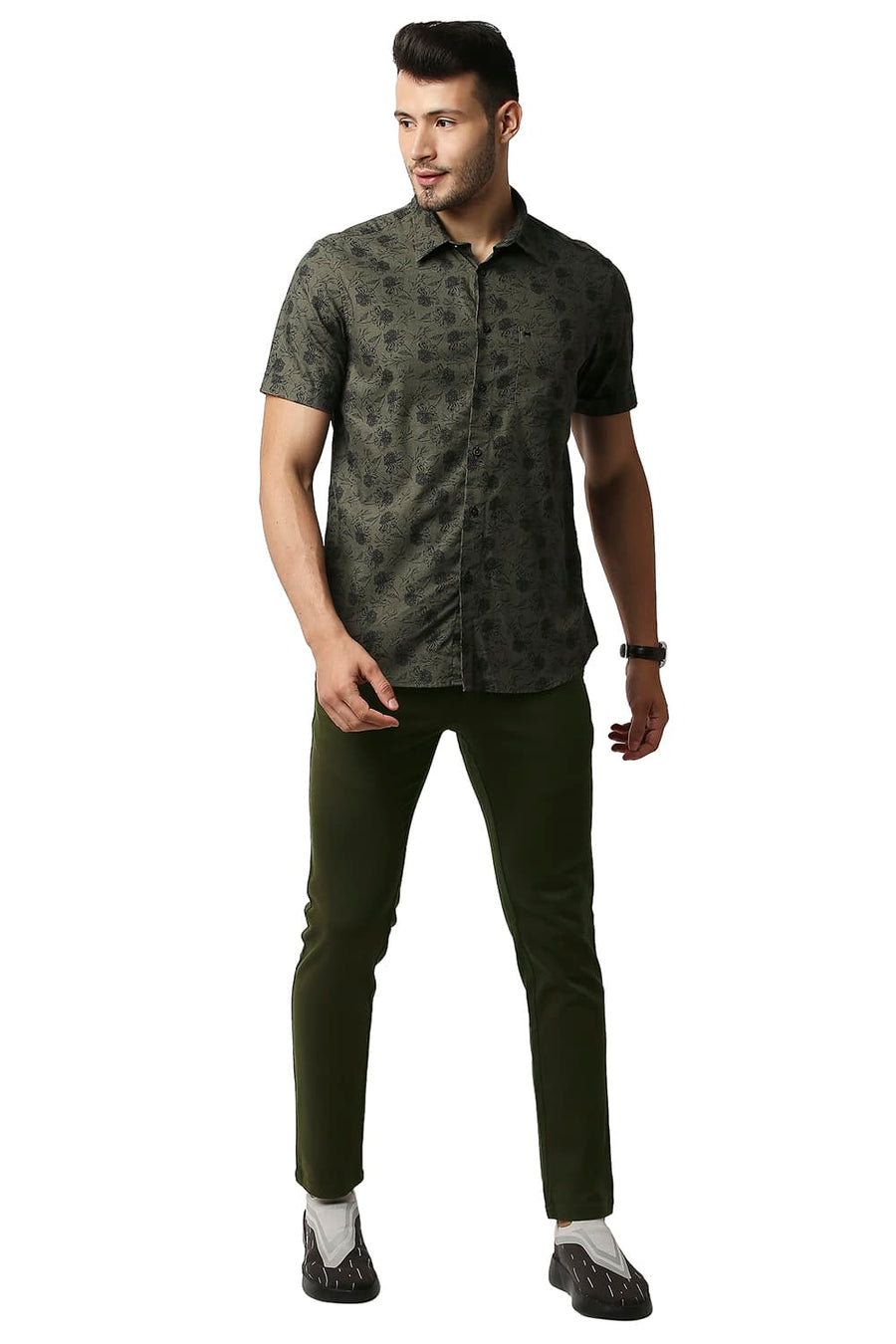 BASICS TAPERED FIT NIGHT OLIVE COTTON STRETCH TROUSERS