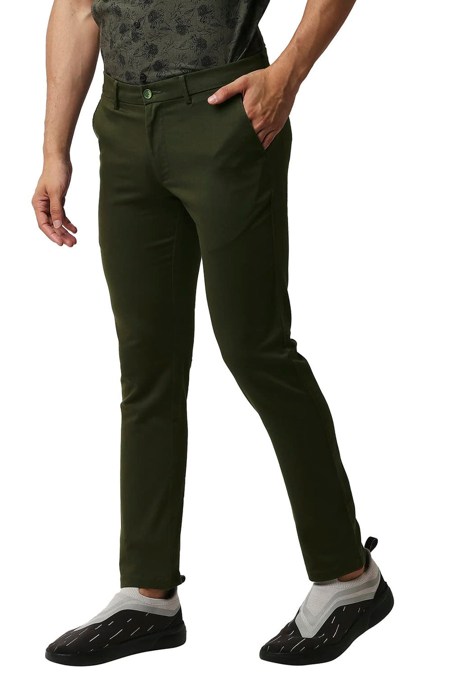 BASICS TAPERED FIT NIGHT OLIVE COTTON STRETCH TROUSERS