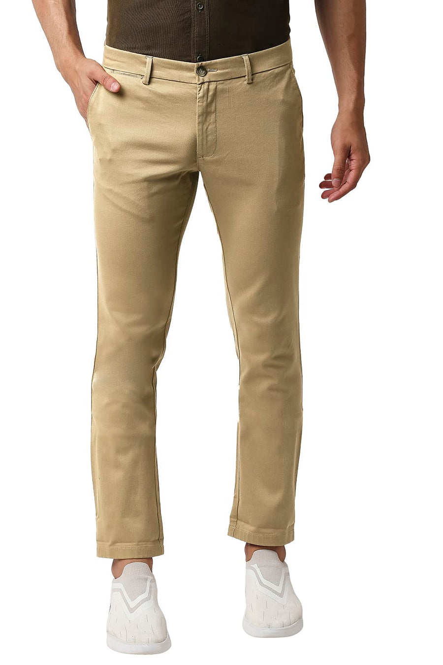 BASICS TAPERED FIT ANTIQUE BRONZE KHAKHI COTTON STRETCH TROUSERS