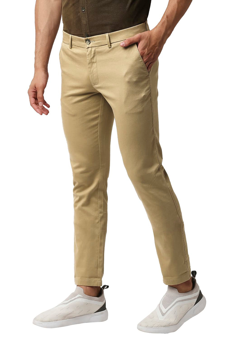 BASICS TAPERED FIT ANTIQUE BRONZE KHAKHI COTTON STRETCH TROUSERS