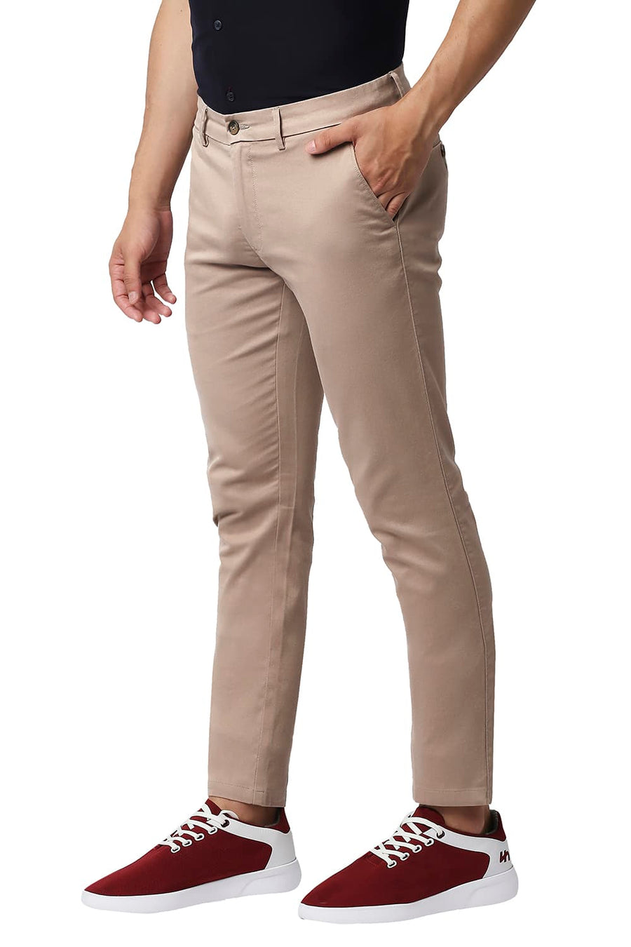 BASICS TAPERED FIT GINGER SNAP BROWN COTTON STRETCH TROUSERS