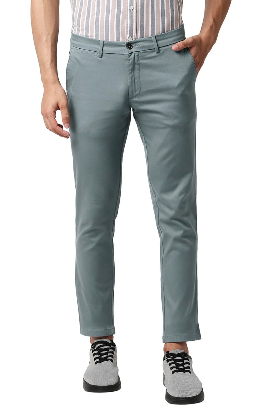BASICS TAPERED FIT TROOPER GREEN COTTON STRETCH TROUSERS