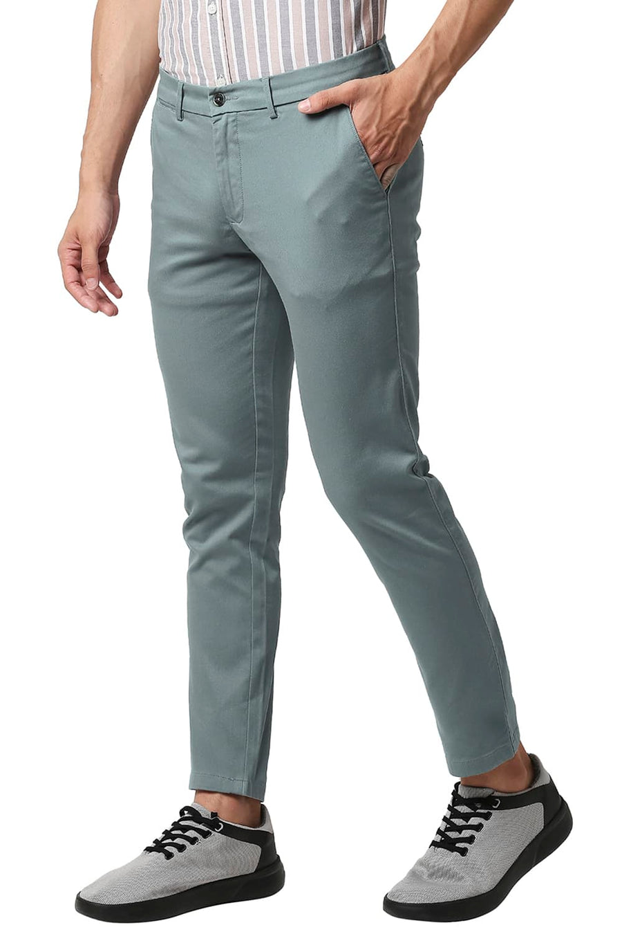BASICS TAPERED FIT TROOPER GREEN COTTON STRETCH TROUSERS