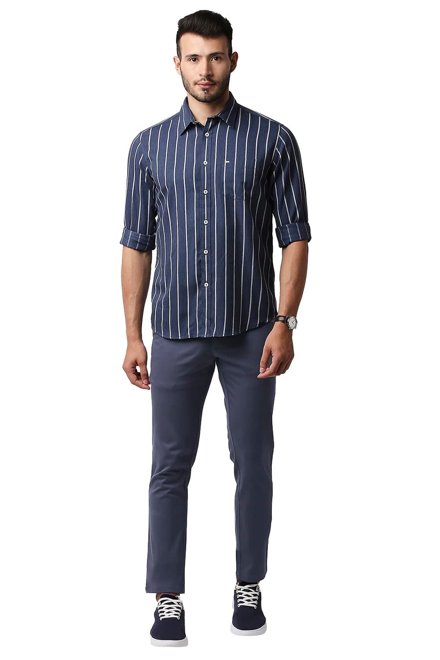BASICS TAPERED FIT SPELLBOOND BLUE COTTON STRETCH TROUSERS