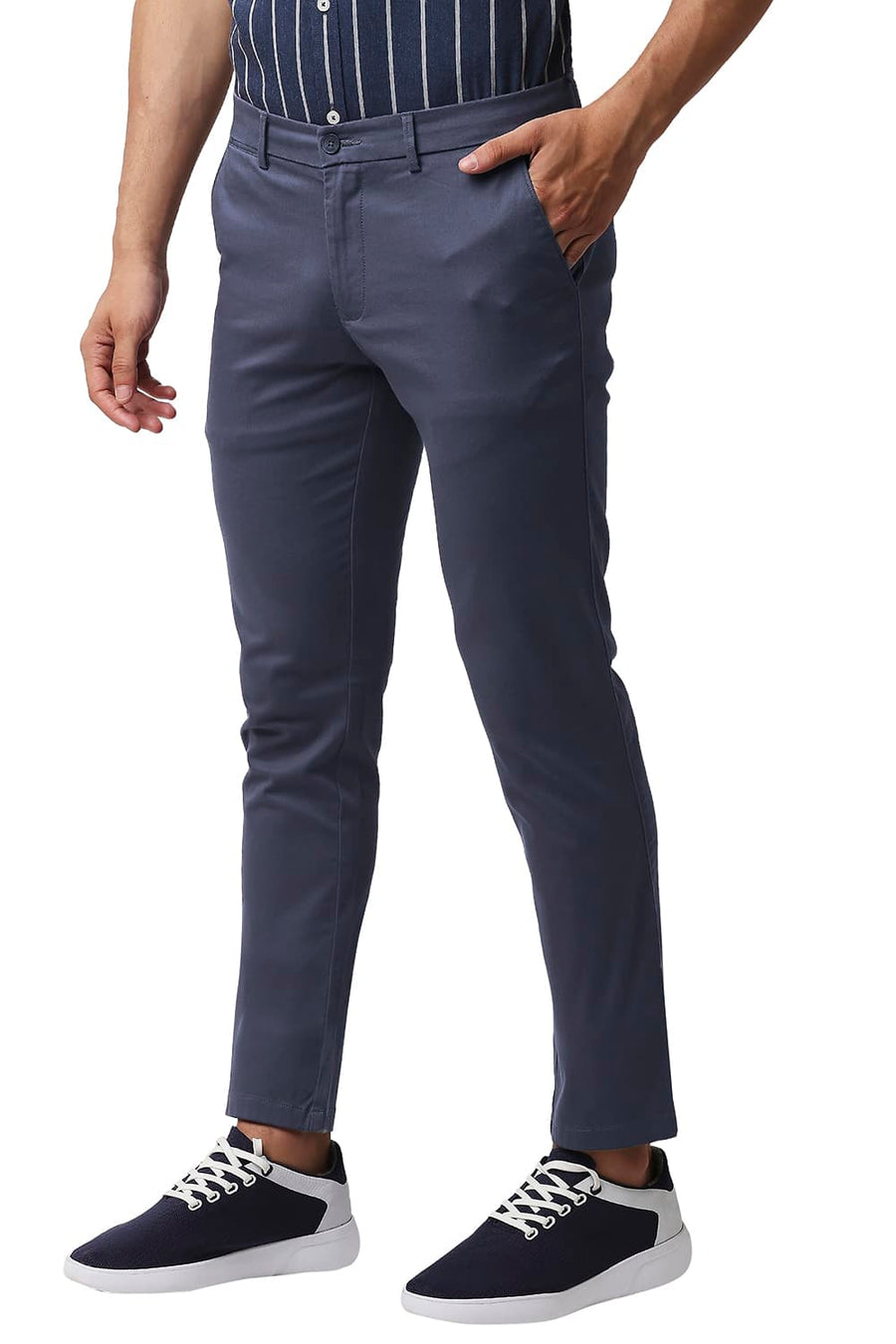 BASICS TAPERED FIT SPELLBOOND BLUE COTTON STRETCH TROUSERS