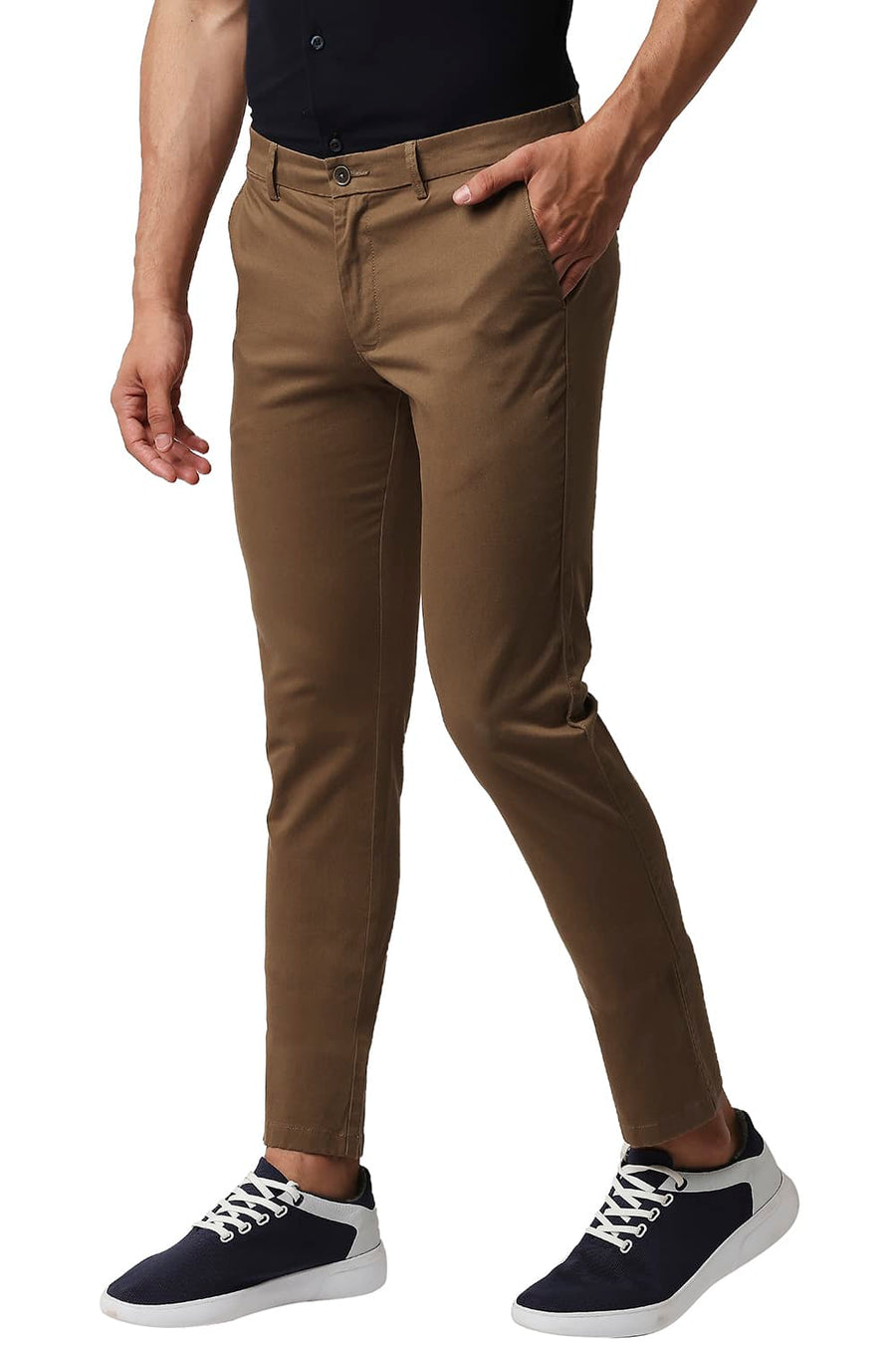 BASICS TAPERED FIT ERMINE KHAKHI COTTON STRETCH TROUSERS