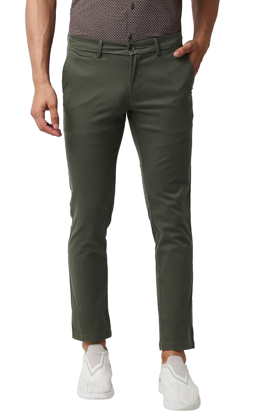 BASICS TAPERED FIT OLIVINE GREEN COTTON STRETCH TROUSERS