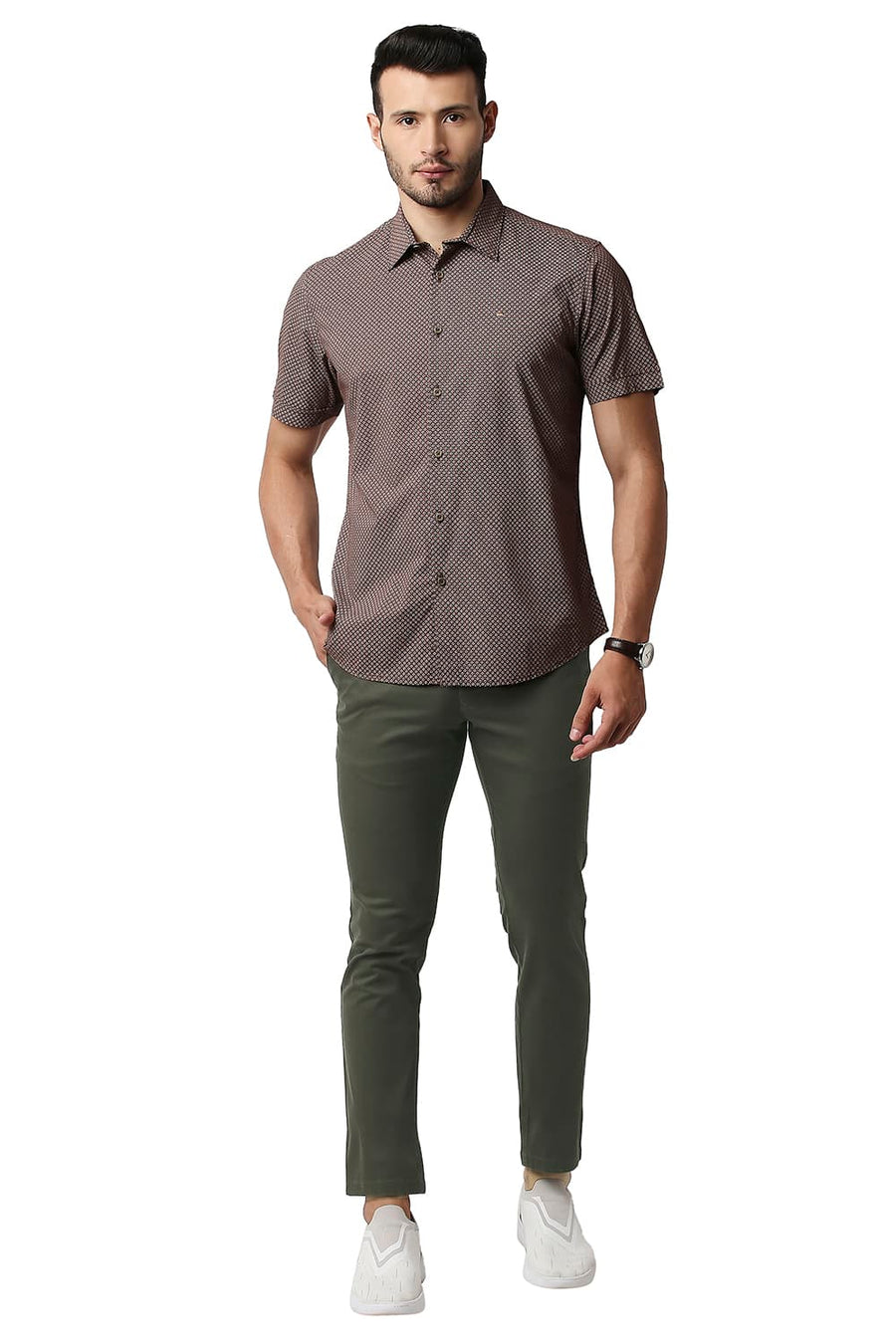 BASICS TAPERED FIT OLIVINE GREEN COTTON STRETCH TROUSERS