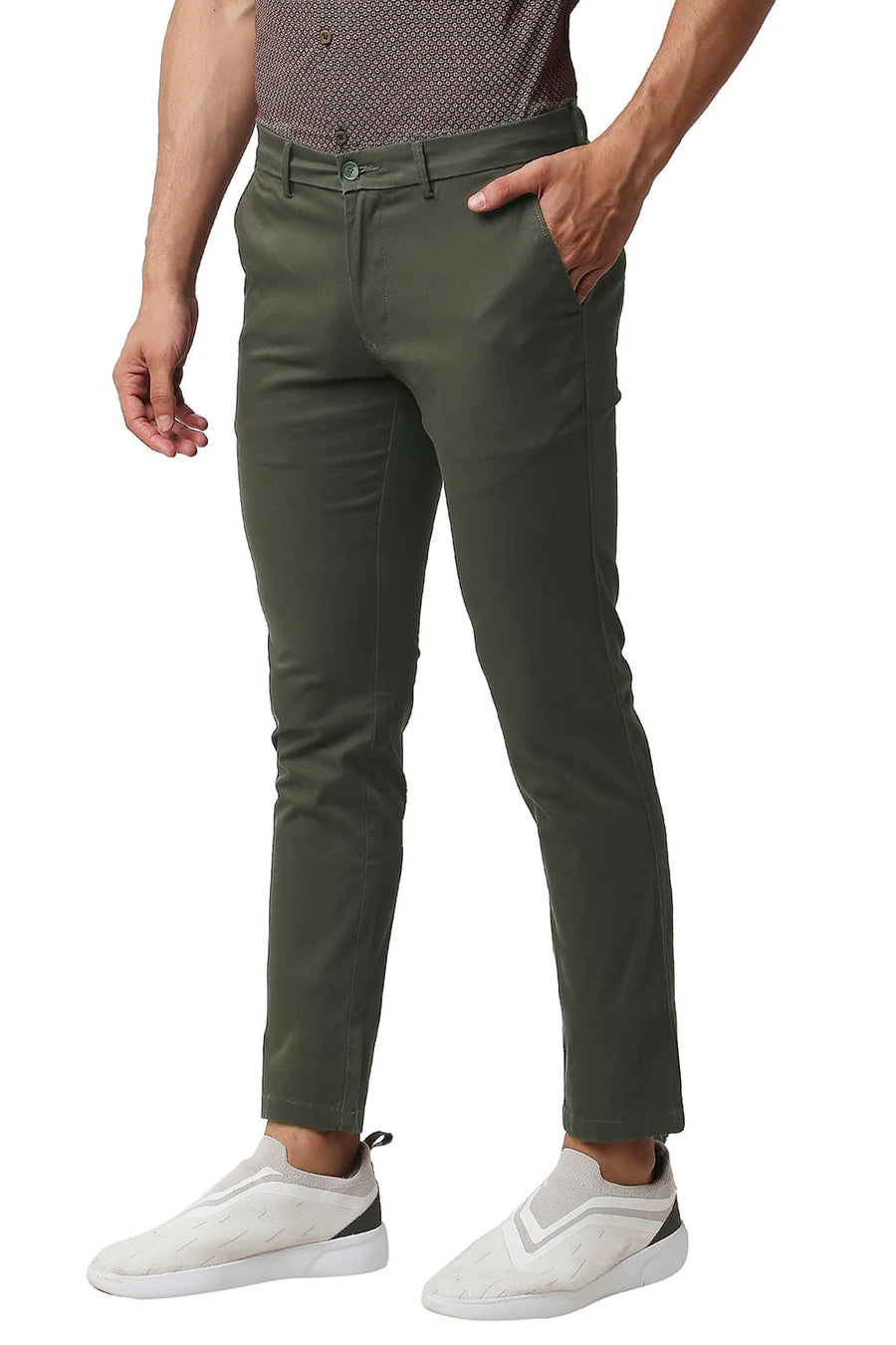 BASICS TAPERED FIT OLIVINE GREEN COTTON STRETCH TROUSERS