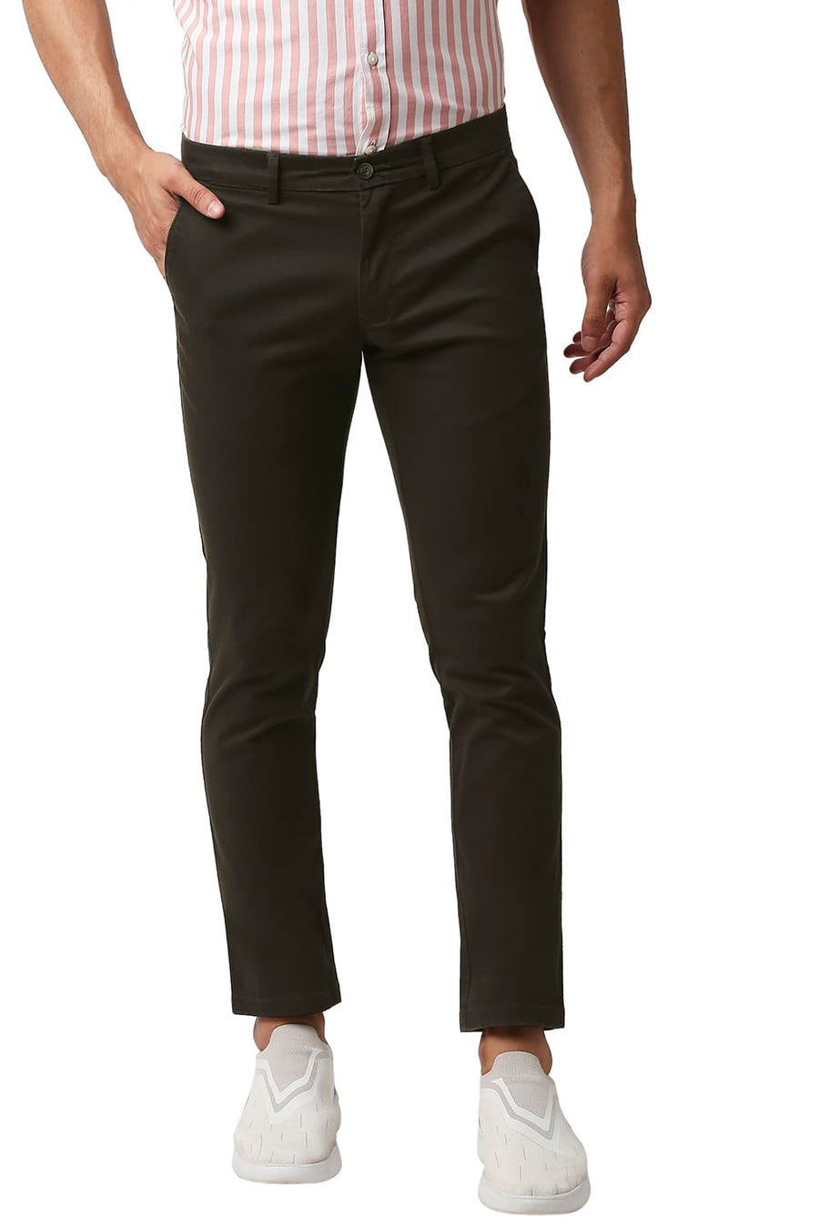 BASICS TAPERED FIT GANACHE BROWN COTTON STRETCH TROUSERS