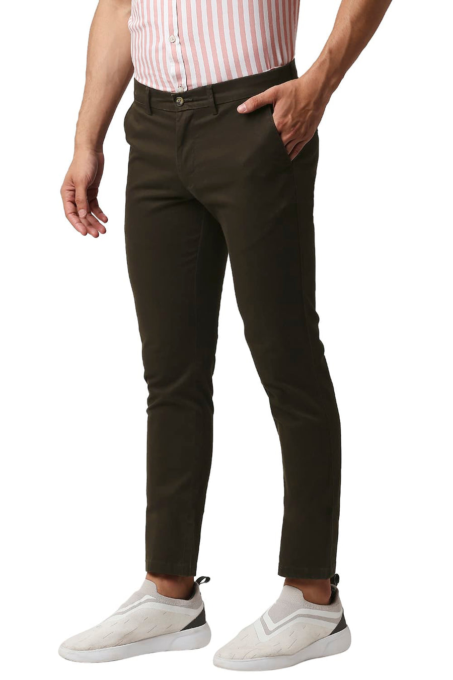 BASICS TAPERED FIT GANACHE BROWN COTTON STRETCH TROUSERS