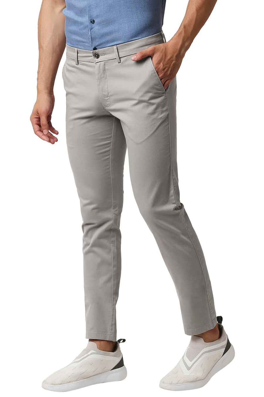 BASICS TAPERED FIT DOVE BEIGE COTTON STRETCH TROUSERS