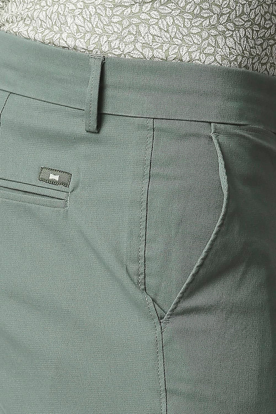 BASICS TAPERED FIT SILVER PINE GREEN COTTON STRETCH TROUSERS
