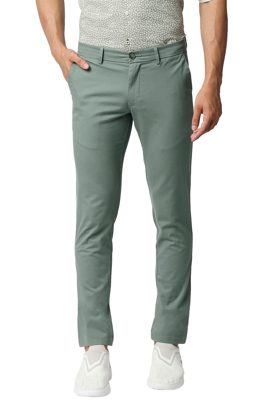 BASICS TAPERED FIT SILVER PINE GREEN COTTON STRETCH TROUSERS