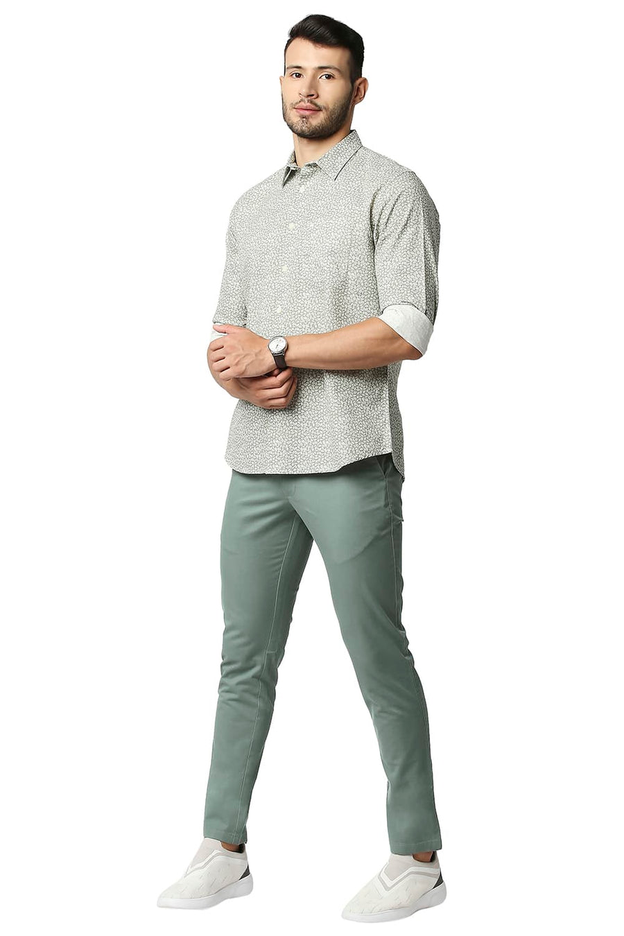 BASICS TAPERED FIT SILVER PINE GREEN COTTON STRETCH TROUSERS