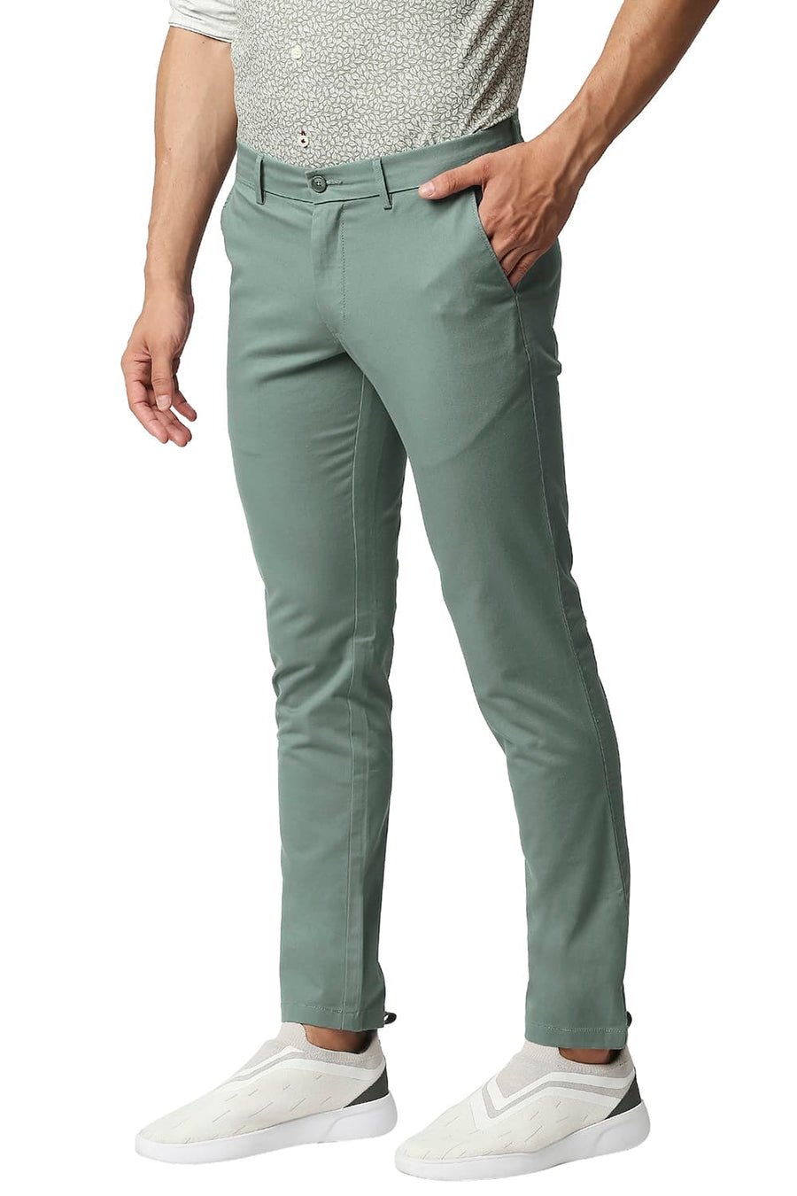 BASICS TAPERED FIT SILVER PINE GREEN COTTON STRETCH TROUSERS