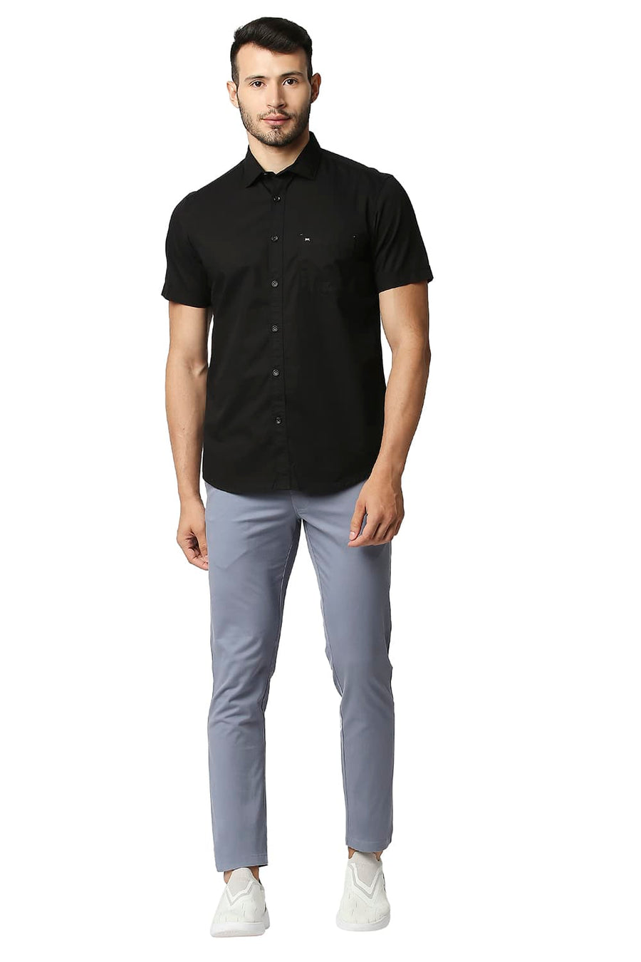 BASICS TAPERED FIT WINDWARD BLUE COTTON STRETCH TROUSERS