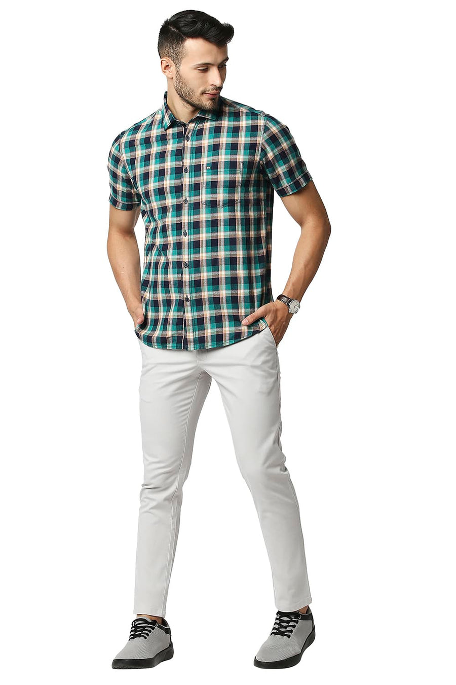 BASICS TAPERED FIT FOSSIL ECRU COTTON STRETCH TROUSERS